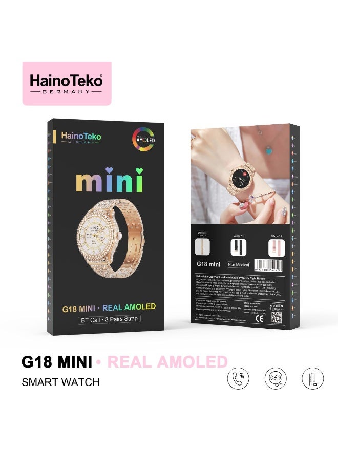 ساعة هاينو تيكو G18 ميني الذكية بتصميم أنيق وشاشة AMOLED حقيقية، مع مظهر فاخر، تأتي مع 3 أزواج من الأساور وكابل شحن، مصممة خصيصاً للنساء. - Image 5