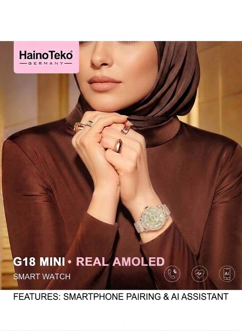 ساعة هاينو تيكو G18 ميني الذكية بتصميم أنيق وشاشة AMOLED حقيقية، مع مظهر فاخر، تأتي مع 3 أزواج من الأساور وكابل شحن، مصممة خصيصاً للنساء. - Image 4