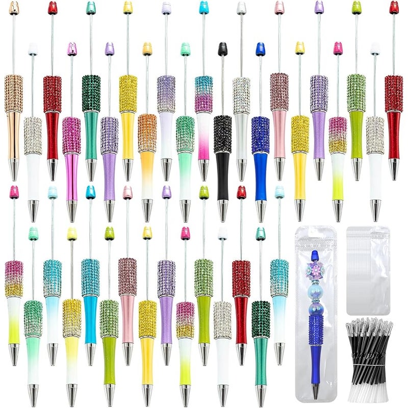 DASTTUIS 25 plastic Beadable Pens Bulk, Refills & pen bags Included - Beaded Pens Black Ink Ballpoint Cute Pens for Students Teacher（Diamond） - Image 1
