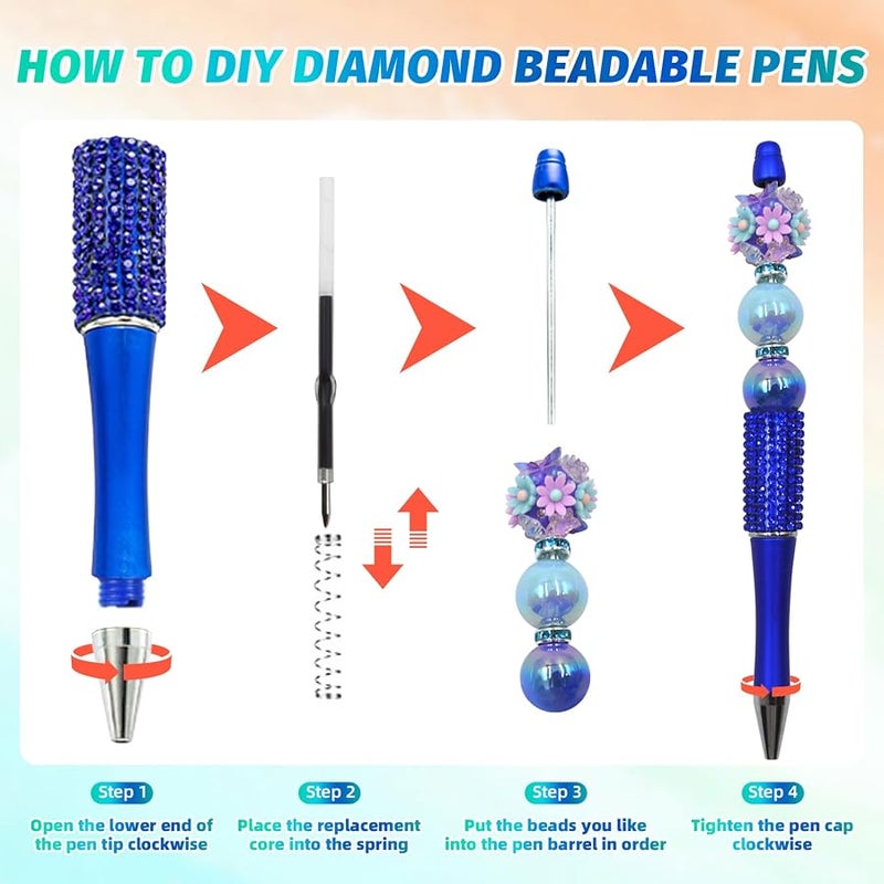 DASTTUIS 25 plastic Beadable Pens Bulk, Refills & pen bags Included - Beaded Pens Black Ink Ballpoint Cute Pens for Students Teacher（Diamond） - Image 3
