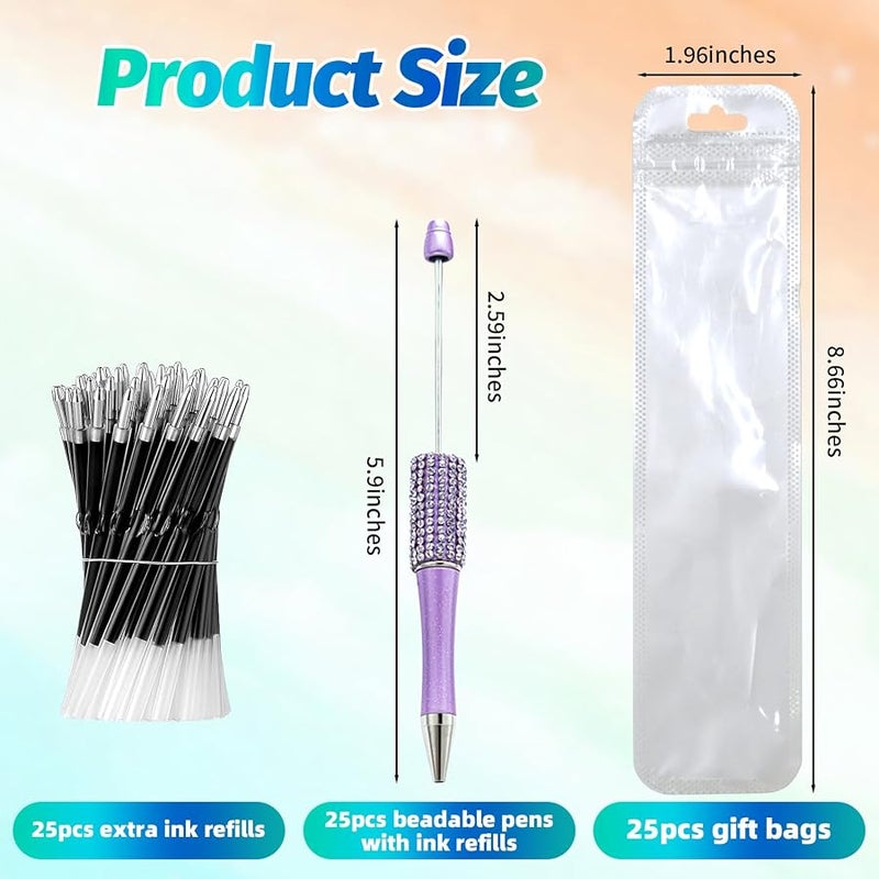 DASTTUIS 25 plastic Beadable Pens Bulk, Refills & pen bags Included - Beaded Pens Black Ink Ballpoint Cute Pens for Students Teacher（Diamond） - Image 2