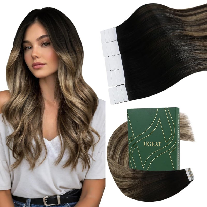 Ugeat Balayage Hair Tape in Extensions Natural Black to Dark Brown Mix Caramel Blonde Ombre Tape in Extensions Human Hair Dark Brown 14 Inch 20Pcs 40G Easy to Apply