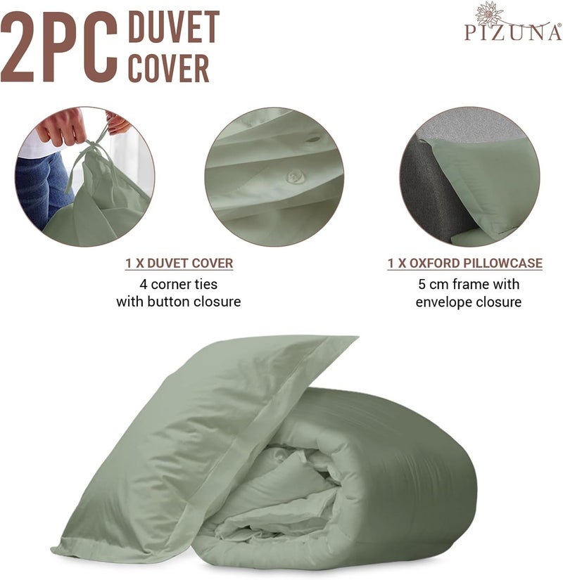 PIZUNA 100% Cotton GCC Single Duvet Cover Set 160x210 cm Sage, 400 Thread Count Long Staple Cotton Sateen Weave Duvet Cover Set with 1 Pillowcase (Sage Bedding Duvet Cover Sets) - Image 3