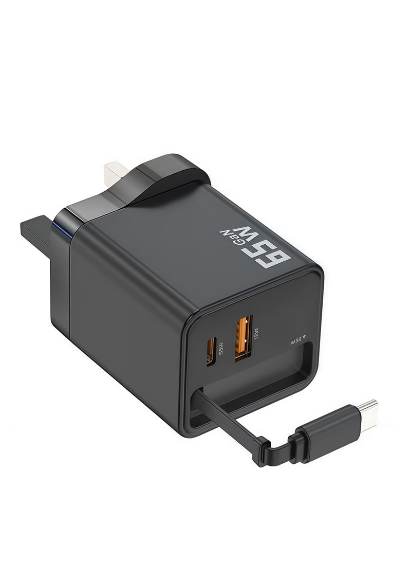 Luttec 65W Ultra Fast Gallium Nitride Charger with Built-In Extension Cable, Type-C/USB Dual Interface, Safe and Durable, Compatible with Multiple Devices - Image 3