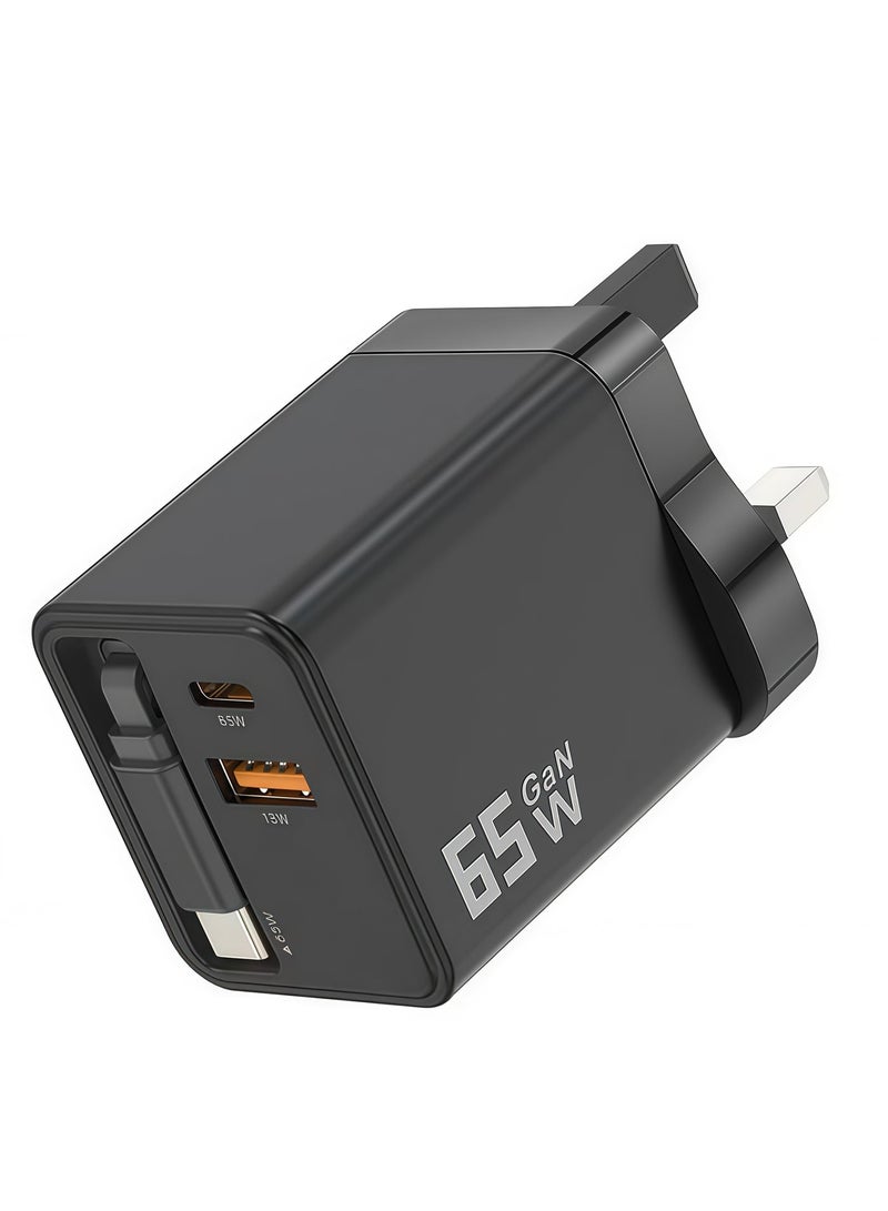 Luttec 65W Ultra Fast Gallium Nitride Charger with Built-In Extension Cable, Type-C/USB Dual Interface, Safe and Durable, Compatible with Multiple Devices - Image 3