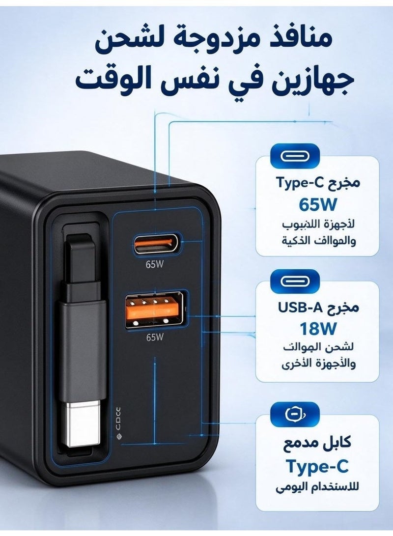 بلو هول 65W شحن سريع جدا نيتريد الغاليوم شاحن مع المدمج في سلك قابل للسحب نوع ج / الناقل التسلسلي العام واجهة مزدوجة آمنة ودائمة متوافقة مع أجهزة متعددة - Image 5