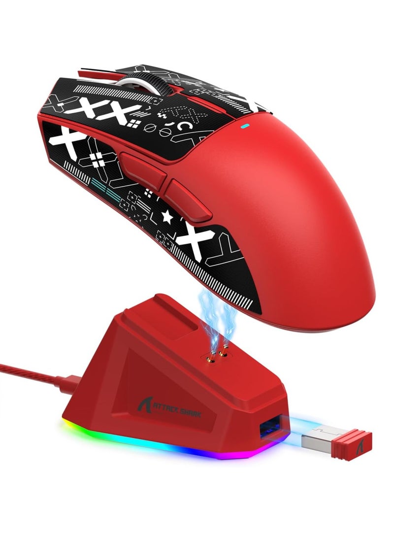Attack Shark X11 Lightweight Wireless Gaming Mouse with RGB Charging Dock,Tri-Mode-2.4G/USB-C Wired/BT,22K DPI,PAW3311 Optical Sensor,HUYU Switch, 5 programmable Buttons for PC/Mac(Red&Sticker)  - Image 1