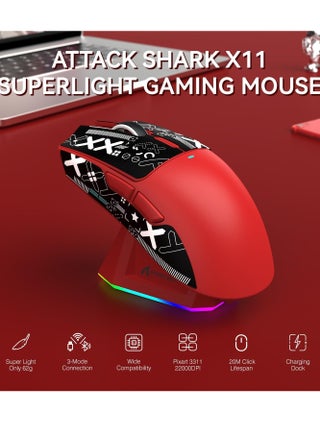 ماوس ألعاب لاسلكي خفيف الوزن X11 مع قاعدة شحن RGB، وضع ثلاثي - 2.4G/USB-C سلكي/بلوتوث، 22K DPI، مستشعر بصري PAW3311، مفتاح HUYU، 5 أزرار قابلة للبرمجة لجهاز الكمبيوتر/ماك (أحمر وملصق) - view 2