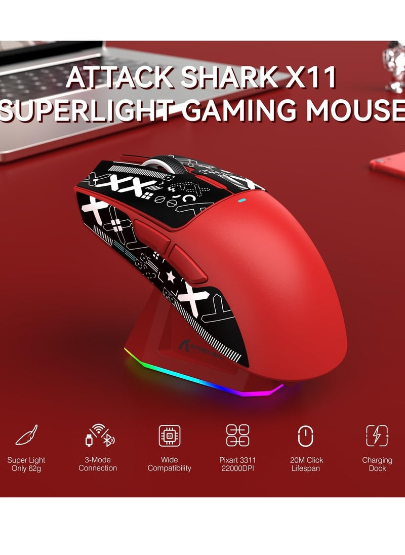 Attack Shark X11 Lightweight Wireless Gaming Mouse with RGB Charging Dock,Tri-Mode-2.4G/USB-C Wired/BT,22K DPI,PAW3311 Optical Sensor,HUYU Switch, 5 programmable Buttons for PC/Mac(Red&Sticker)  - Image 2