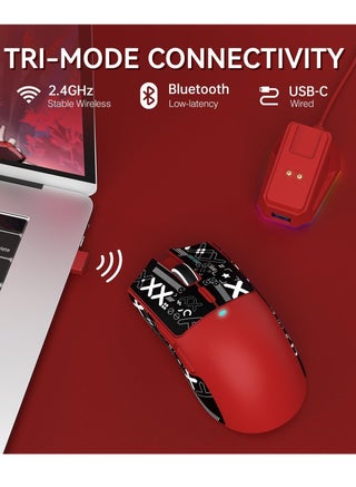 ماوس ألعاب لاسلكي خفيف الوزن X11 مع قاعدة شحن RGB، وضع ثلاثي - 2.4G/USB-C سلكي/بلوتوث، 22K DPI، مستشعر بصري PAW3311، مفتاح HUYU، 5 أزرار قابلة للبرمجة لجهاز الكمبيوتر/ماك (أحمر وملصق) - view 4