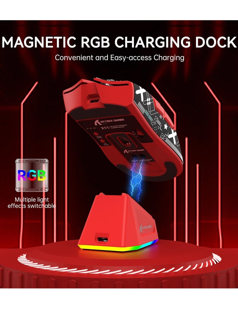 X11 Lightweight Wireless Gaming Mouse with RGB Charging Dock,Tri-Mode-2.4G/USB-C Wired/BT,22K DPI,PAW3311 Optical Sensor,HUYU Switch, 5 programmable Buttons for PC/Mac(Red&Sticker)