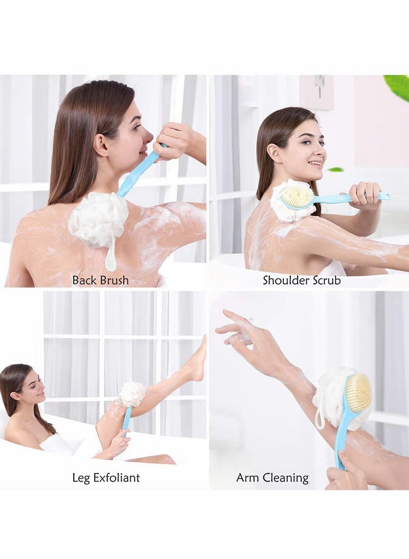 Bath Brush 2-in-1 Back Scrubber Long Handled With Ball Mesh Luffa Pouf Sponge Bathroom Tool Accessories (Blue) - Image 5