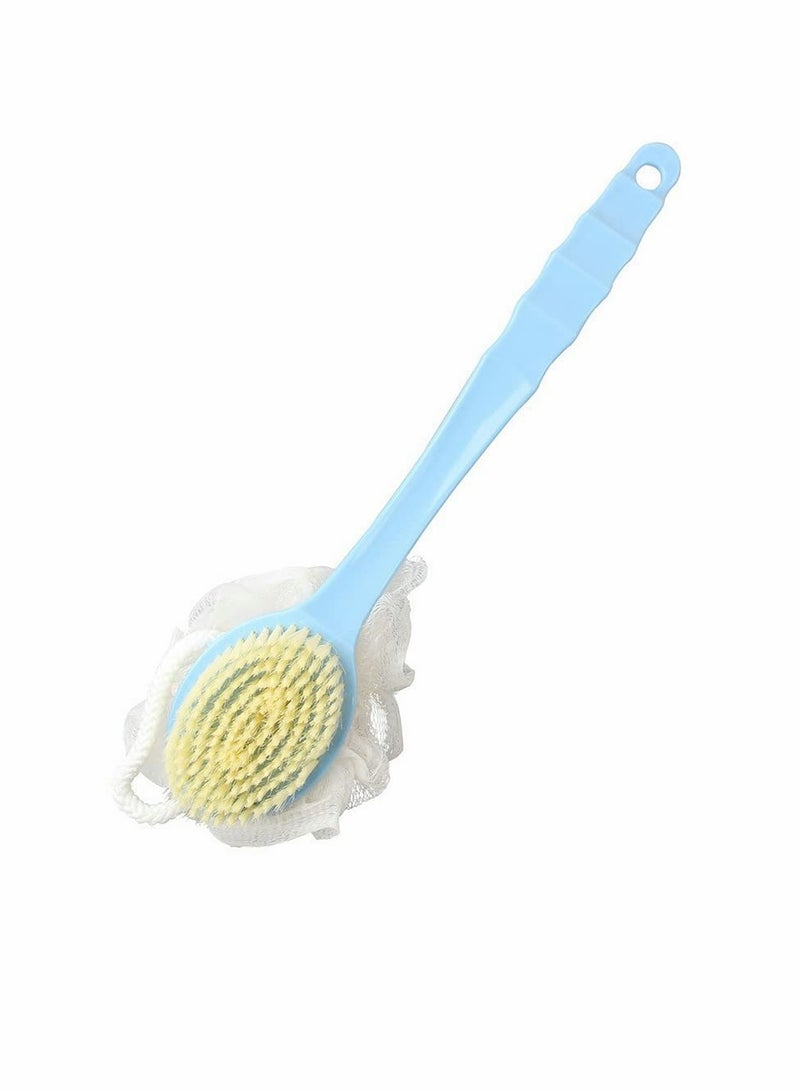 Bath Brush 2-in-1 Back Scrubber Long Handled With Ball Mesh Luffa Pouf Sponge Bathroom Tool Accessories (Blue) - Image 1