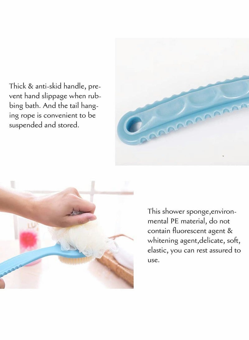 Bath Brush 2-in-1 Back Scrubber Long Handled With Ball Mesh Luffa Pouf Sponge Bathroom Tool Accessories (Blue) - Image 2