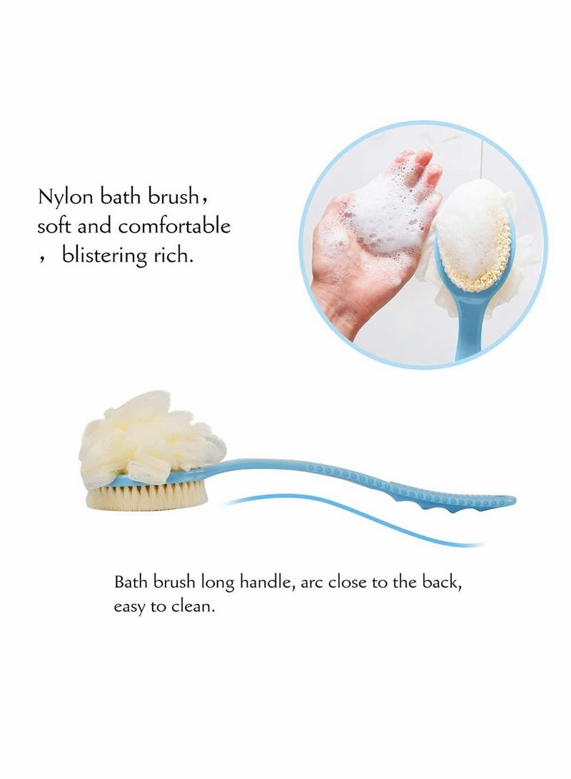 Bath Brush 2-in-1 Back Scrubber Long Handled With Ball Mesh Luffa Pouf Sponge Bathroom Tool Accessories (Blue) - Image 3