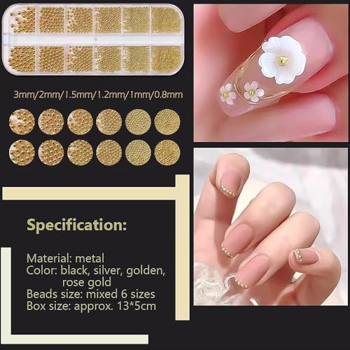 Bellecrey 0.8mm Mini Small Nail Beads Stainless Steel Beads Nail Chain Charms Nails Art Decorations Gun Grey Nail Studs Gold Caviar Nail Charms DIY Tool Nail Studs Accessories Cold Nail Gems (Gold) - Image 2