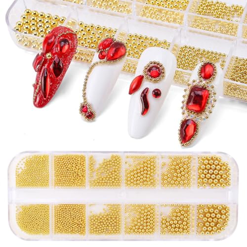 Bellecrey 0.8mm Mini Small Nail Beads Stainless Steel Beads Nail Chain Charms Nails Art Decorations Gun Grey Nail Studs Gold Caviar Nail Charms DIY Tool Nail Studs Accessories Cold Nail Gems (Gold) - Image 1