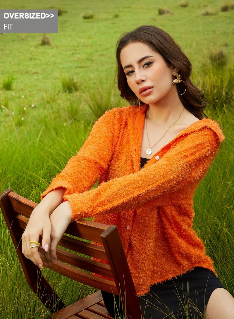 Campus Sutra Women's Pumpkin Orange Sherpa Oversized Shirt