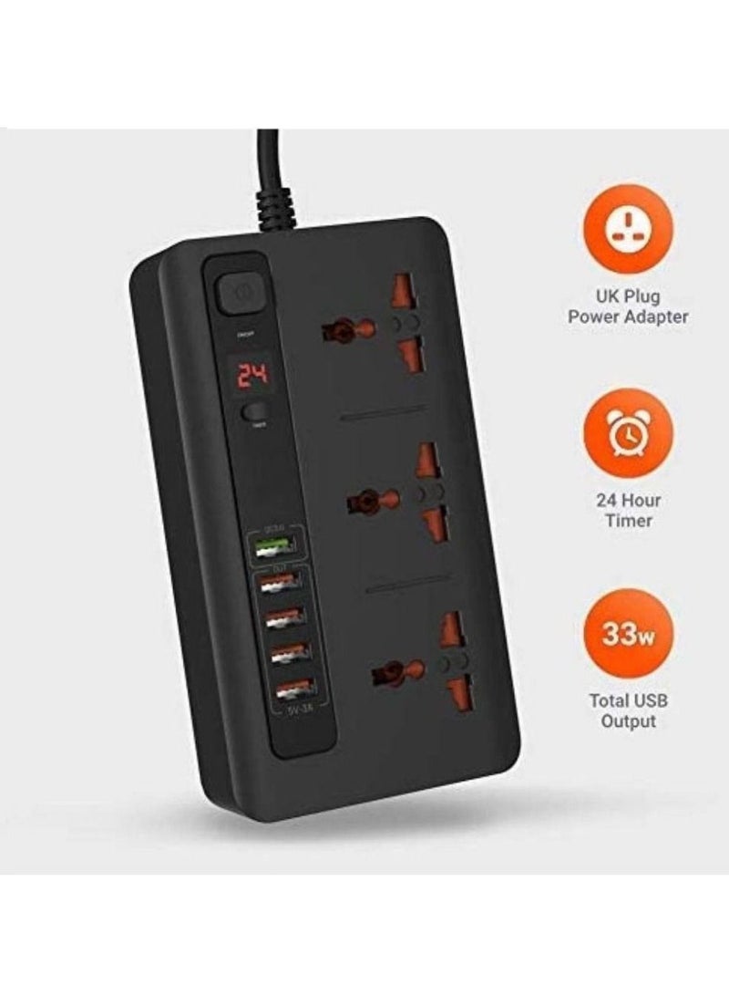 GENNEXT Power Socket Strip 4 USB Port 3.4A + 1 Quick Charge 3.0 with 3 Universal Power Sockets 10A Independent Power Switch with Timer, Sockets USB HUBS, Charging Station, Over Heat Protection (Black) - Image 2