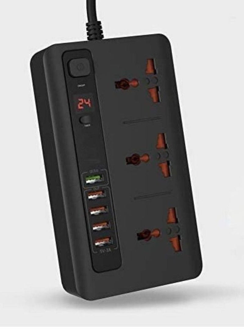 GENNEXT Power Socket Strip 4 USB Port 3.4A + 1 Quick Charge 3.0 with 3 Universal Power Sockets 10A Independent Power Switch with Timer, Sockets USB HUBS, Charging Station, Over Heat Protection (Black) - Image 1