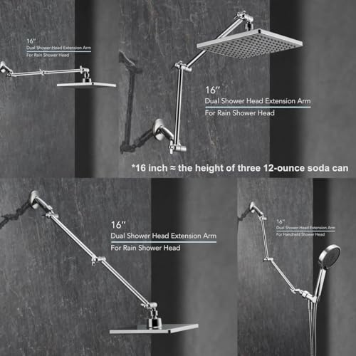 Singing Rain Shower Head Extension Arm, 16'' Solid Brass Extension Extra Long Extender With Locking Set Screw, Rise or Lower Angle Height Adjustable, G1/2 Universal Connector Compatible (Chrome) - Image 3