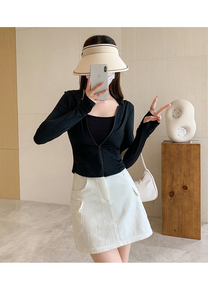 Generic UPF50+ Womens Summer 2024 Breathable Ice Silk UV Protection Casual Sunscreen Jacket Black 