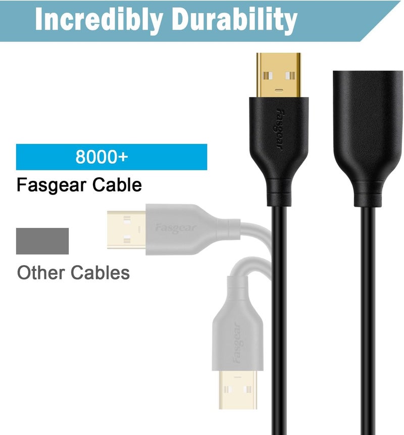 فاسجير كابل تمديد USB 2.0 من ، 2 عبوة [6 قدم/1.83 متر] - كابل موسع USB للشحن والمزامنة من ذكر A إلى أنثى (أسود، أسود) - Image 2