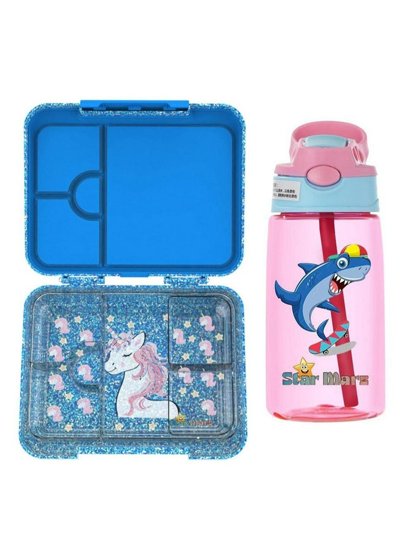 Starmarz StarMarz - Unicorn Blue Bento Glitter Lunch Box wth Plastic Water Bottle Shark (480ml) - Pink - Image 1