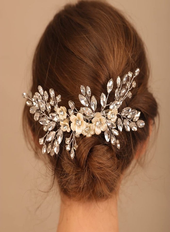BERYUAN Bridal White Flower Light Blue Crystal Rhinestone Hair Comb for Bride Bridesmaid Sliding side Headpieces Wedding Hair Accessories for Women and Girls (Blue 1) - Image 4