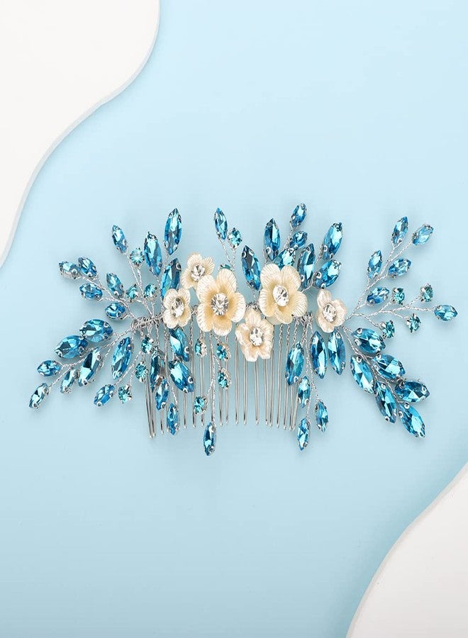 BERYUAN Bridal White Flower Light Blue Crystal Rhinestone Hair Comb for Bride Bridesmaid Sliding side Headpieces Wedding Hair Accessories for Women and Girls (Blue 1) - Image 1