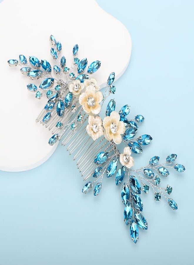 BERYUAN Bridal White Flower Light Blue Crystal Rhinestone Hair Comb for Bride Bridesmaid Sliding side Headpieces Wedding Hair Accessories for Women and Girls (Blue 1) - Image 3