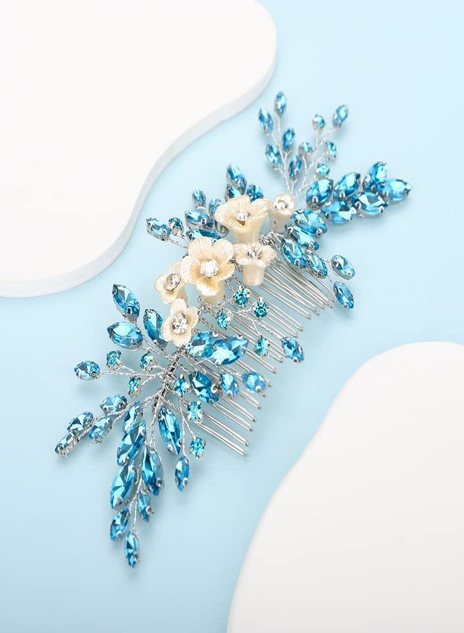 BERYUAN Bridal White Flower Light Blue Crystal Rhinestone Hair Comb for Bride Bridesmaid Sliding side Headpieces Wedding Hair Accessories for Women and Girls (Blue 1) - Image 2