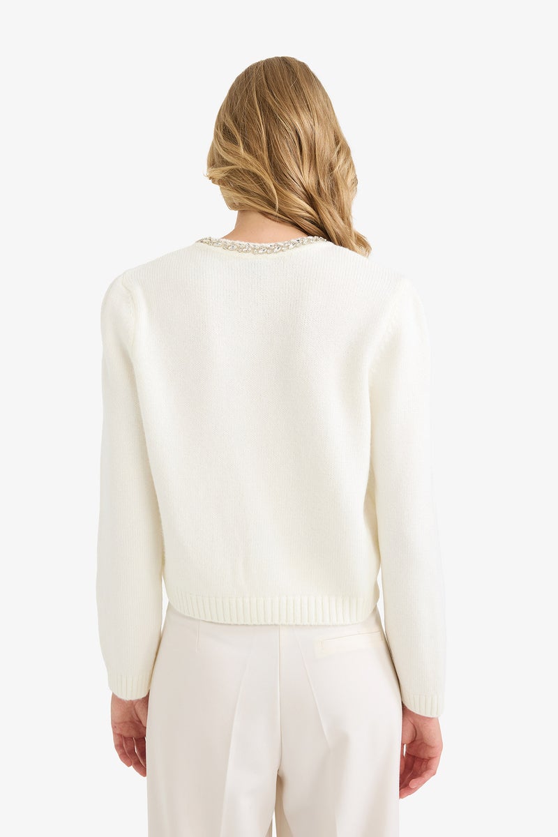 DeFacto Beige Woman Regular Fit Crew Neck Embroidered Cardigan Casual - Image 5