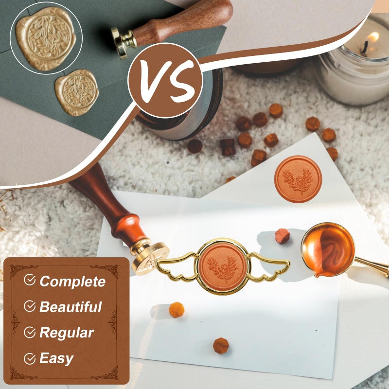 Luxiv 5+29P Metal Wax Seal Mold with Wing, Luxiv Gold Wax Seal Stamp Mold Round Flower Square Hexagonal Heart Metal Melt Ring with Silicone Mat, 28P Sticker for Envelope Wrapping - Image 4