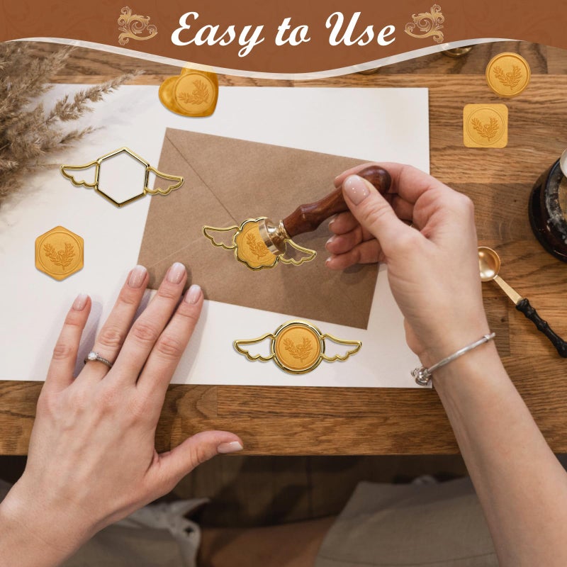 Luxiv 5+29P Metal Wax Seal Mold with Wing, Luxiv Gold Wax Seal Stamp Mold Round Flower Square Hexagonal Heart Metal Melt Ring with Silicone Mat, 28P Sticker for Envelope Wrapping - Image 5