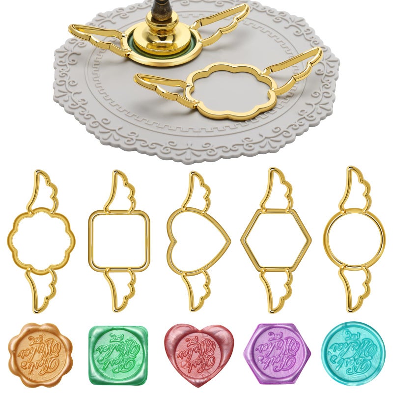 Luxiv 5+29P Metal Wax Seal Mold with Wing, Luxiv Gold Wax Seal Stamp Mold Round Flower Square Hexagonal Heart Metal Melt Ring with Silicone Mat, 28P Sticker for Envelope Wrapping - Image 1