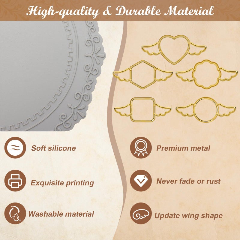 Luxiv 5+29P Metal Wax Seal Mold with Wing, Luxiv Gold Wax Seal Stamp Mold Round Flower Square Hexagonal Heart Metal Melt Ring with Silicone Mat, 28P Sticker for Envelope Wrapping - Image 3