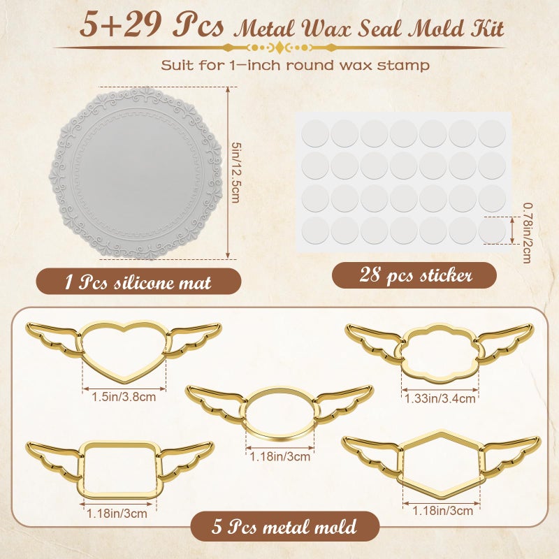 Luxiv 5+29P Metal Wax Seal Mold with Wing, Luxiv Gold Wax Seal Stamp Mold Round Flower Square Hexagonal Heart Metal Melt Ring with Silicone Mat, 28P Sticker for Envelope Wrapping - Image 2