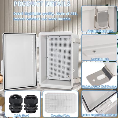 Zulkit Junction Box,IP67 Waterproof Electrical Box Hinged Cover Stainless Steel Latch Plastic Enclosure for Project w Mounting Plate Wall Bracket and 2 Cable Gland Grey 11"x7.5"x5.5"/280x190x140mm - Image 4