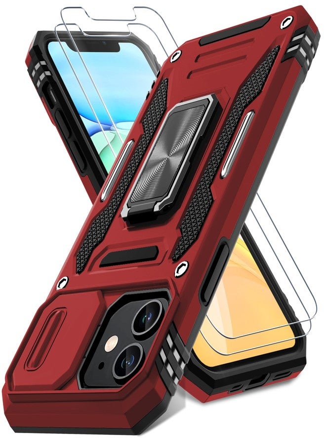 DEERLAMN جراب DEERLAMN لهاتف iPhone 11 مع غطاء كاميرا منزلق + واقي شاشة (عبوتان)، غطاء حماية مقاوم للصدمات بحلقة دوارة ومسند قابل للطي - أحمر - Image 1