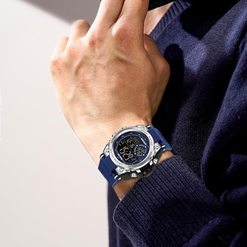 FANMIS Mens Military Multifunction Digital Watches 50M Water Resistant Electronic 7 Color LED Backlight Black Sports Watch (a-Blue) - Image 3