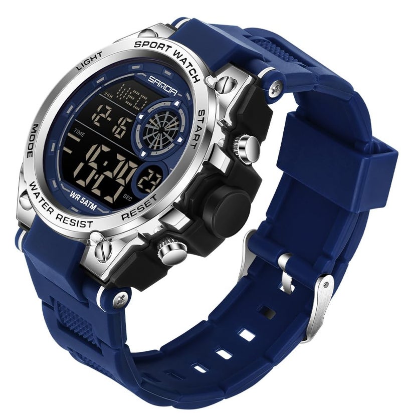 FANMIS Mens Military Multifunction Digital Watches 50M Water Resistant Electronic 7 Color LED Backlight Black Sports Watch (a-Blue) - Image 1