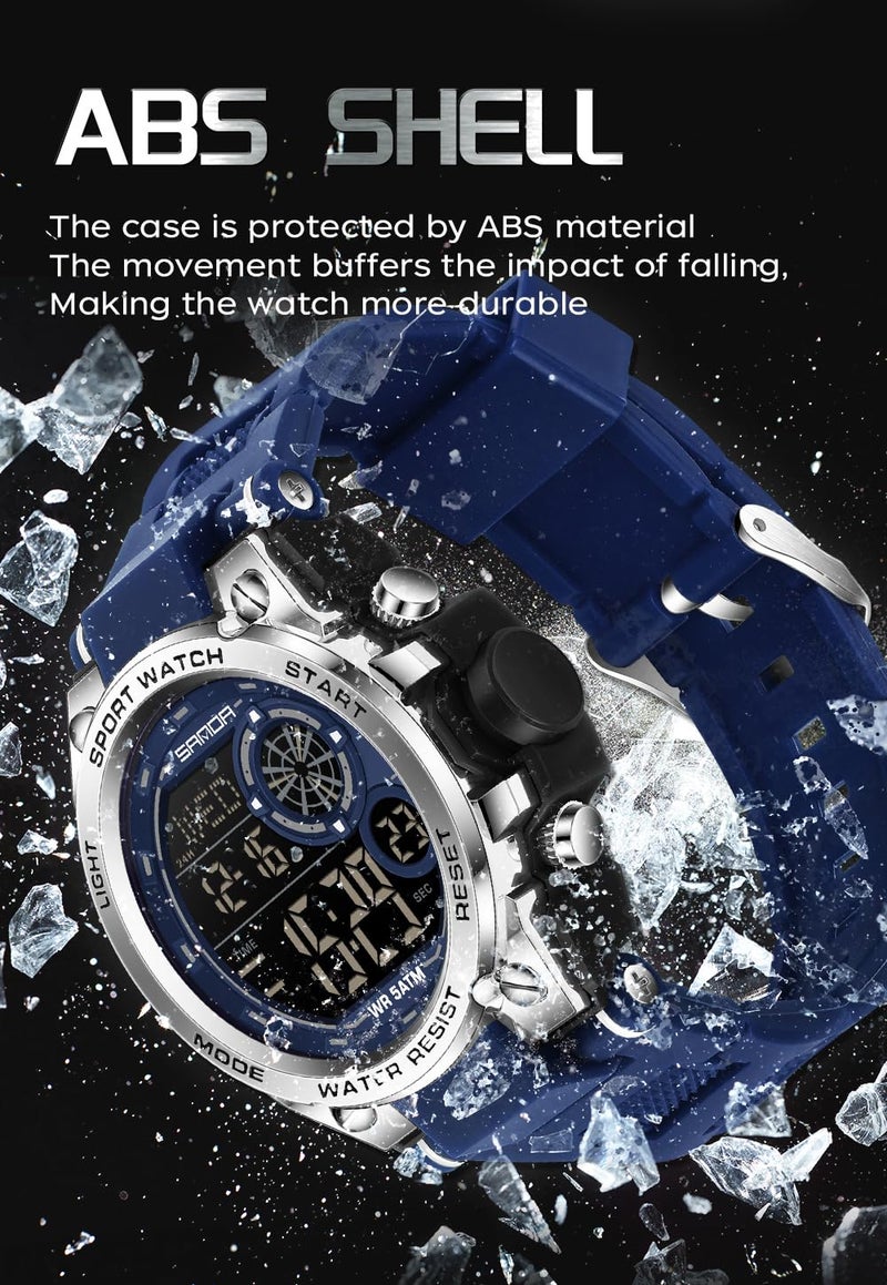 FANMIS Mens Military Multifunction Digital Watches 50M Water Resistant Electronic 7 Color LED Backlight Black Sports Watch (a-Blue) - Image 4