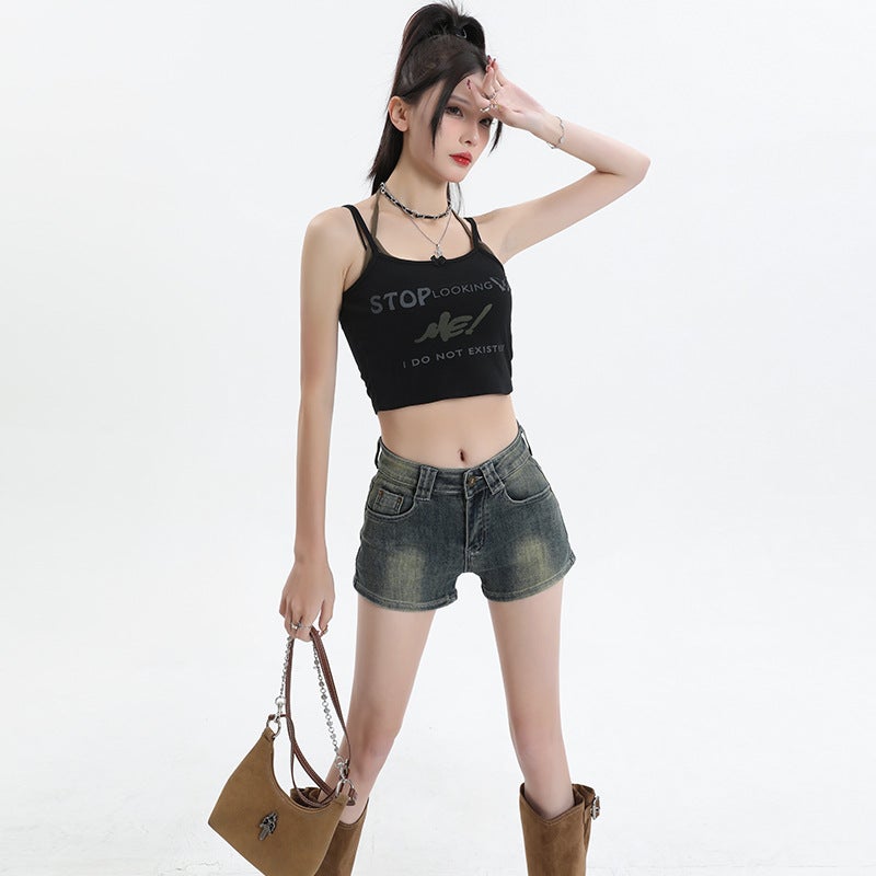 American Retro Stretch Denim Shorts for Women, High Waist, Body Shaping, A-Line - Image 3