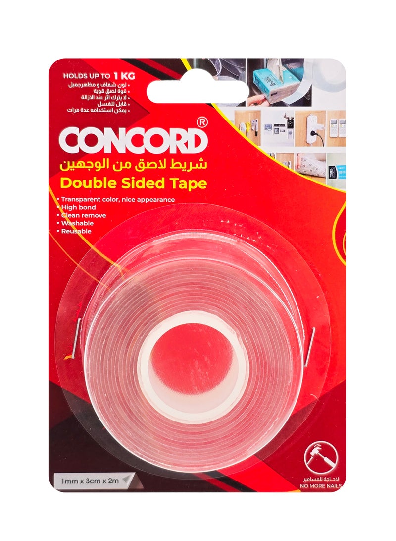 كونكورد شريط لاصق على الوجهين شفاف، 1مم ×3سم ×2م، قابل للغسل وإعادة الاستخدام قوي - Image 1