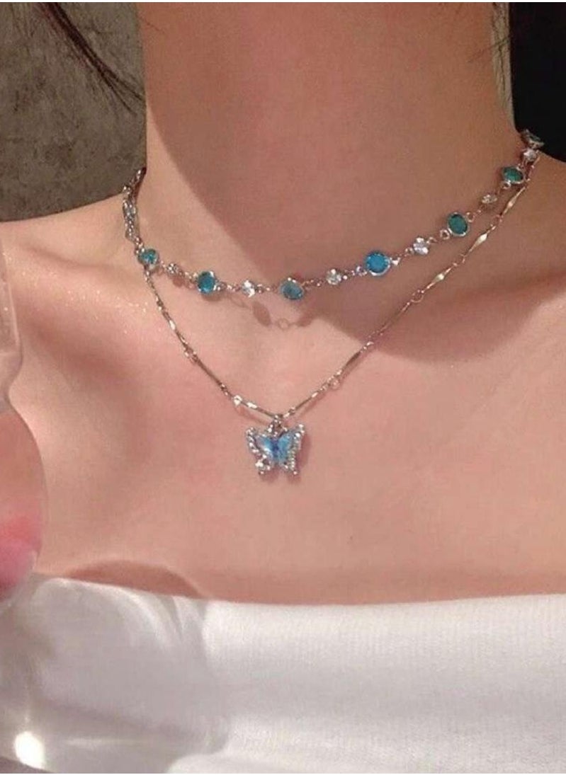 Generic 2pcs Blue Crystal Butterfly Necklace For Women Girls Double Layer Choker Clavicle Chain Jewelry Gift  - Image 1