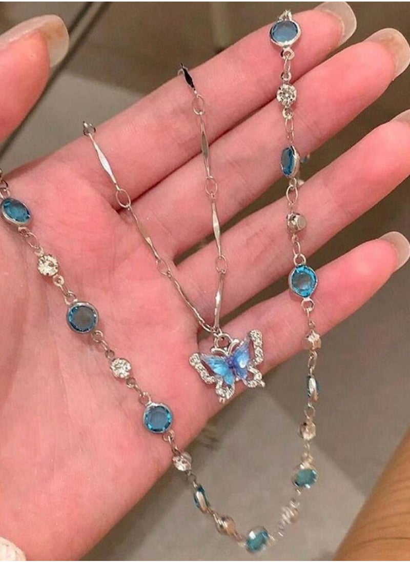 Generic 2pcs Blue Crystal Butterfly Necklace For Women Girls Double Layer Choker Clavicle Chain Jewelry Gift  - Image 2