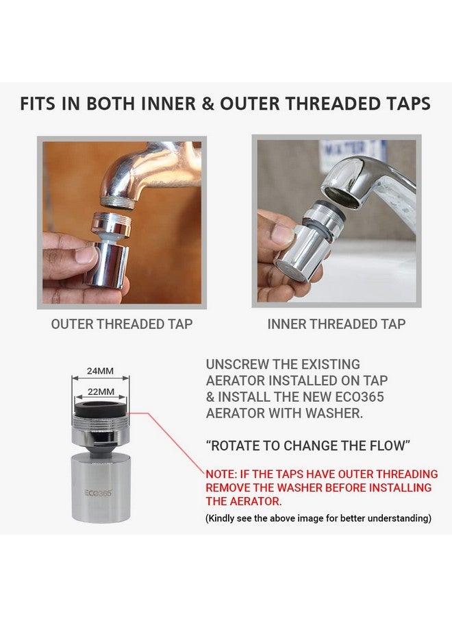 ECO365 Rotatable(360°)Swivel Dual Flow X22 Chrome Finish Aerator(Pack Of 1)|Fits In Both Inner(24Mm)&Outer(22Mm)Threaded Taps|Jet&Eco Flow For Maximum Water Saving,Standard - Image 4
