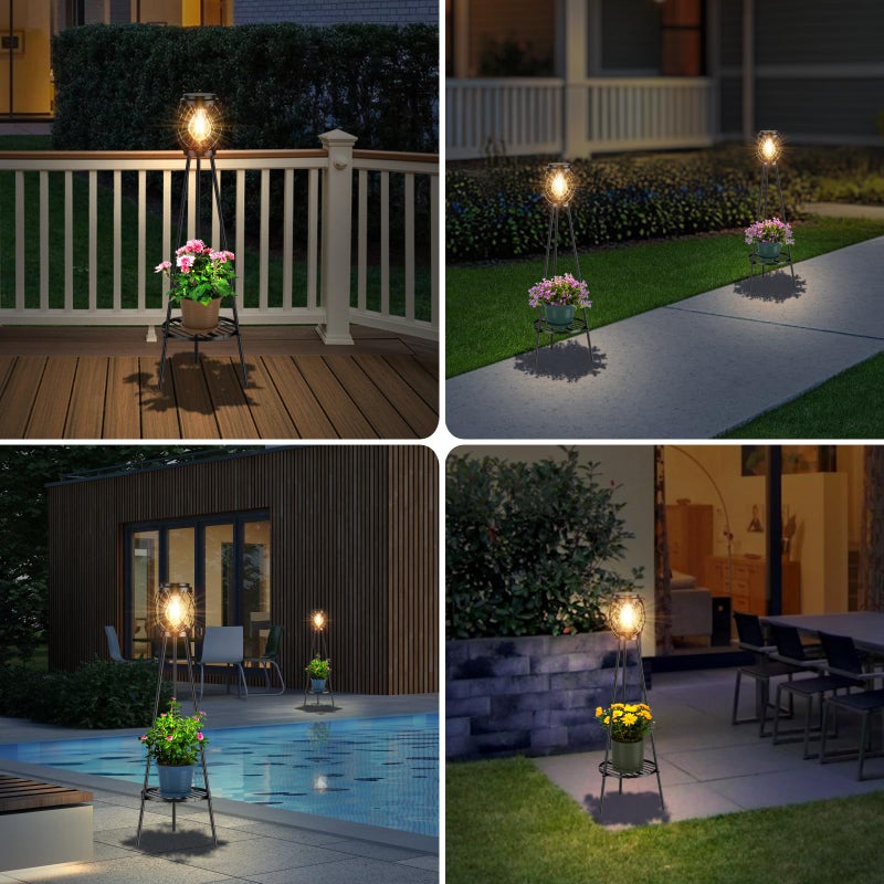 MXwcy 2 Pack Solar Lights Outdoor with LED Edison Bulbs, Vintage Style Solar Floor Lamp with Plant Stands, Weatherproof Garden Lights for Pathway, Patio, Yard, Porch Decor 8-10 Hours Lighting - Image 5