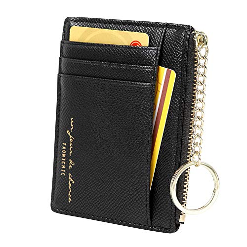 Cynure Women's 8 Cards Slim Minimalist Card Holder Coin Changes Purse Keychain Front Pocket Wallet, black - Image 1